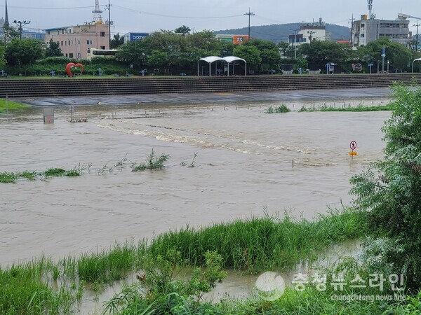 청주시 무심천 수위가 통제 수위를 넘어 하상도로의 차량 통행을 전면 금지됐다./김대균 기자