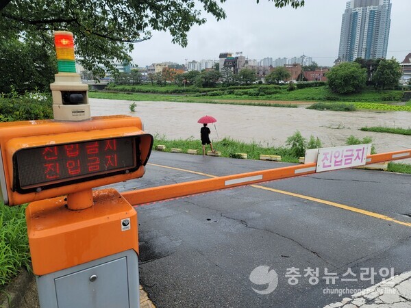청주 무심천 하상도로가 비 피해로 잠겨 차량을 통제했다./김대균 기자