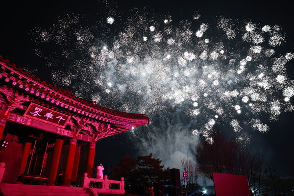 1일 청주예술의전당 천년각에서 새해맞이 타종행사의 불꽃놀이로 피날레를 장식했다./충북도