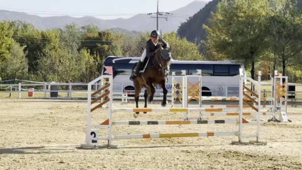 ▲조성재 선수와 국산마 중원이 전국승마선구권대회 시합 모습./중원대